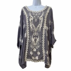 Umgee Womens Embroidered Mesh Tunic Top Size M/L Purple Oversized Boho Hippie